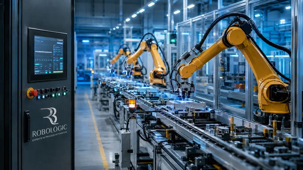 Industrial robotic arms on an automotive production line