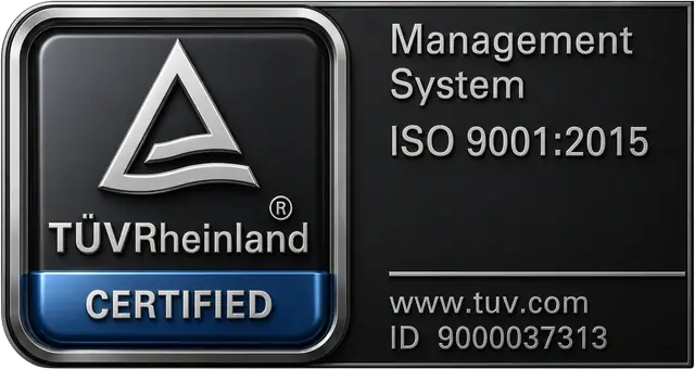 TÜV Rheinland ISO 9001:2015 quality management system certification badge for Robologic Group